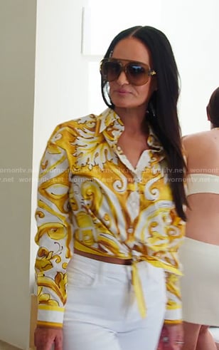 Lisa’s yellow print tie front shirt on The Real Housewives of Salt Lake City