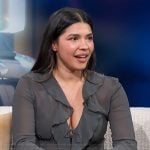 Lisseth Chavez’s gray ruffle front top on Access Hollywood