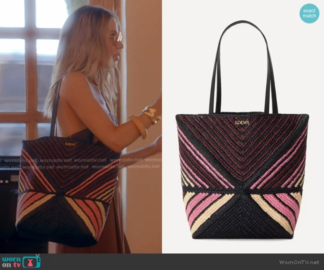Loewe Ibiza Puzzle Fold Medium Striped Raffia Tote Bag worn by Dorit Kemsley on The Real Housewives of Beverly Hills