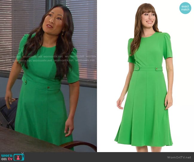 London Times Solid Side Tab Fit & Flare Dress worn by Melinda Trask (Tina Huang) on Days of our Lives
