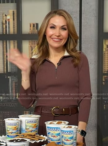Lori’s brown ribbed half zip sweater on Good Morning America