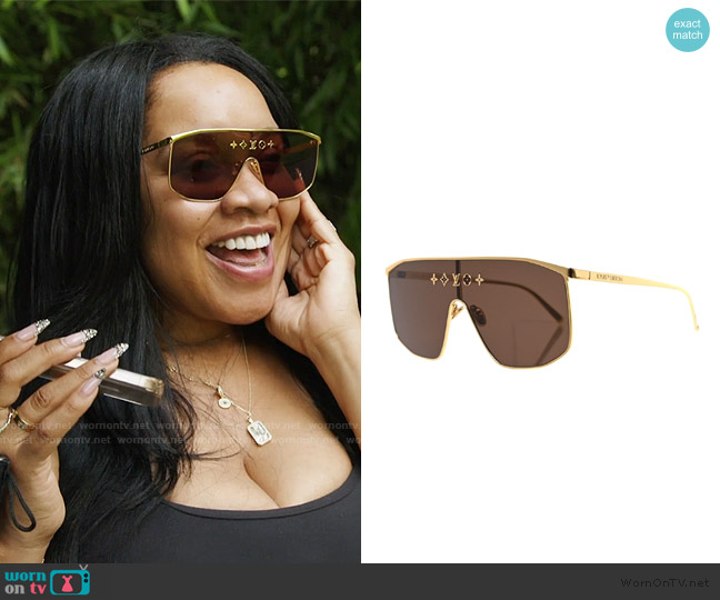 Louis Vuitton Metal LV Golden Mask Sunglasses Z1717U Gold worn by Angel Massie on The Real Housewives of Potomac