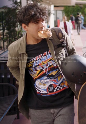 Lucas's black graphic print tee on Greys Anatomy