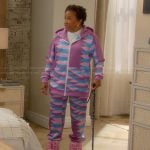 Lucretia’s purple abstract print sweatshirt and pants on The Upshaws