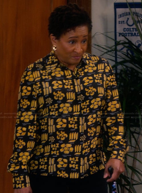 Lucretia's black printed shirt on The Upshaws