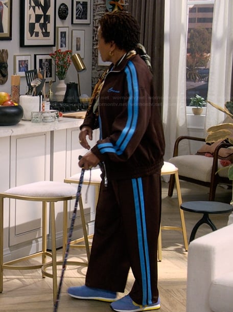 Lucretia's brown side stripe tracksuit on The Upshaws