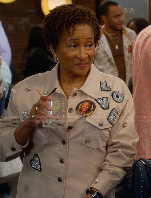 Lucretia’s khaki embroidered jacket on The Upshaws