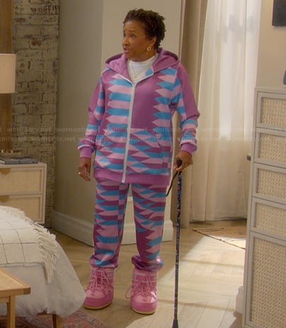 Lucretia’s purple abstract print sweatshirt and pants on The Upshaws