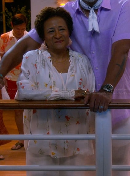 Lucretia's white floral print blouse on The Upshaws