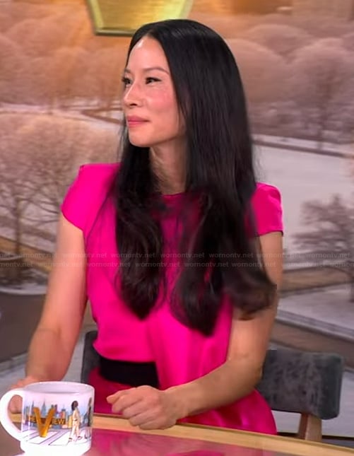 Lucy Liu’s pink satin drape dress on The View
