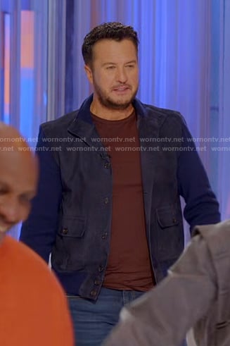 Luke’s navy suede jacket with knit sleeves on American Idol
