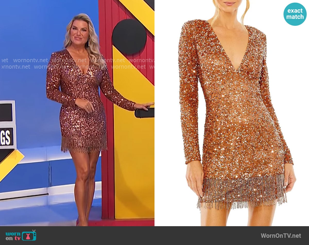 Mac Duggal V-Neck Long Sleeve Sequin Dress with Fringe Detail in Copper worn by Rachel Reynolds on The Price is Right