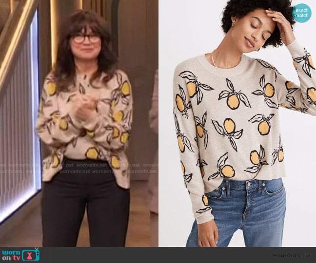 Madewell Tangerine Sketch Jacquard Pullover Sweater worn by Valerie Bertinelli on The Drew Barrymore Show