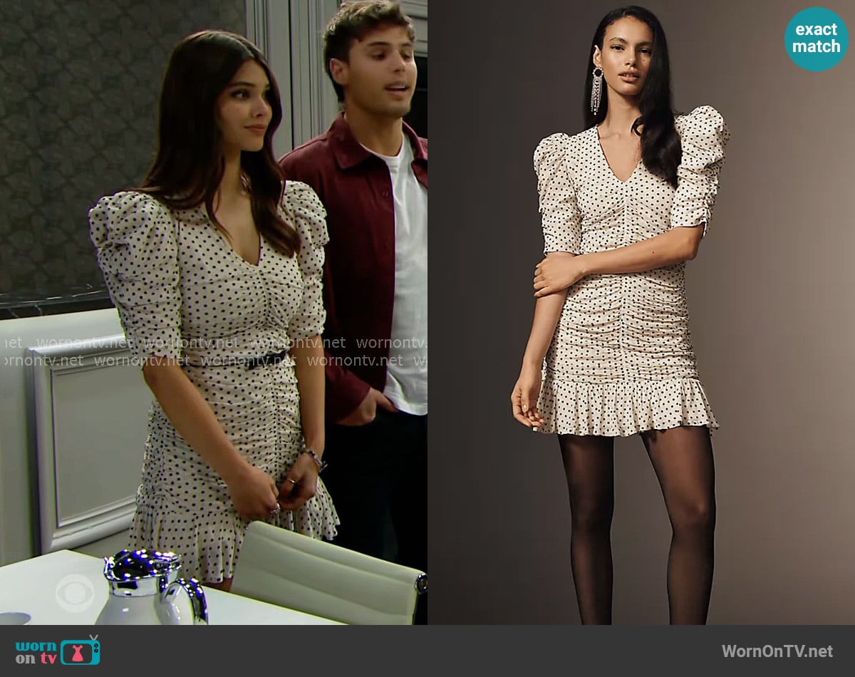 Maeve at Anthropologie Puff-Sleeve Ruched Mesh Polka Dot Mini Dress worn by Electra Forrester (Laneya Grace) on The Bold and the Beautiful