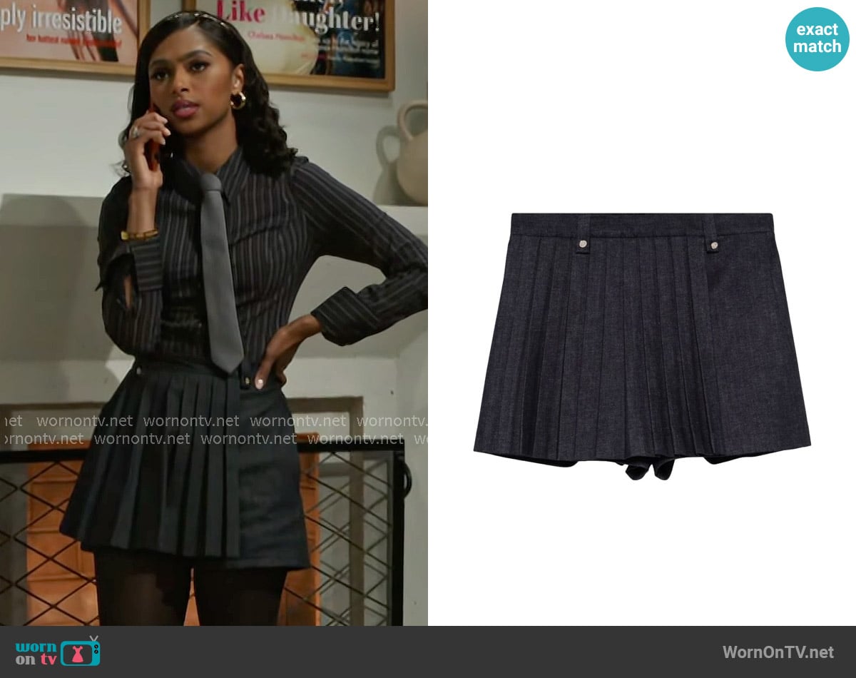 Maje Layered-effect pleated denim shorts worn by Kat Richardson (Colby Muhammad) on Beyond the Gates