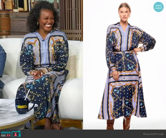 Maje Multicolored Blouse and Chain Scarf Print Skirt worn by Janai Norman on Good Morning America