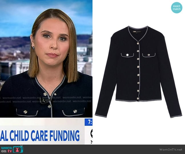 Elizabeth’s navy contrast trim cardigan on GMA