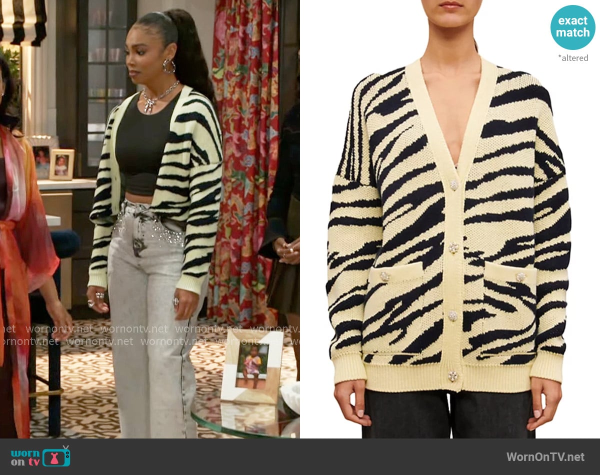 Maje Zebra Cardigan worn by Chelsea Hamilton (RhonniRose Mantilla) on Beyond the Gates
