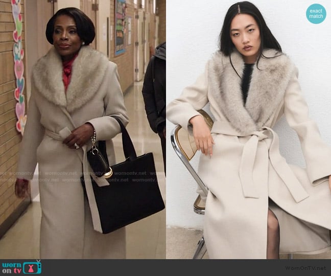 Barbara’s beige shearling collar coat on Abbott Elementary