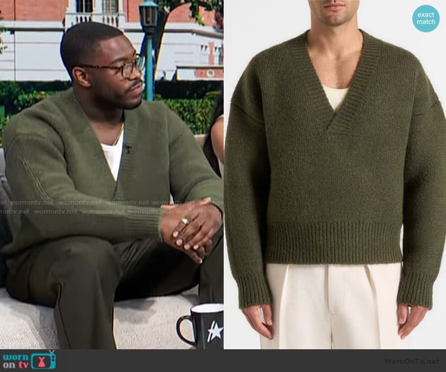 Maniere De Voir Chad Sweater in Olive worn by Jarrett Austin Brown on Access Hollywood