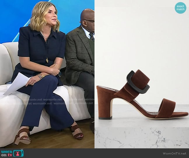 Manolo Blahnik Betimusa 70 Suede Sandals in Brown worn by Jenna Bush Hager on Today