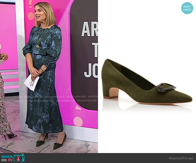 Manolo Blahnik  Fenix 50 Buckled Suede Pumps in Dark Green worn by Jenna Bush Hager on Today