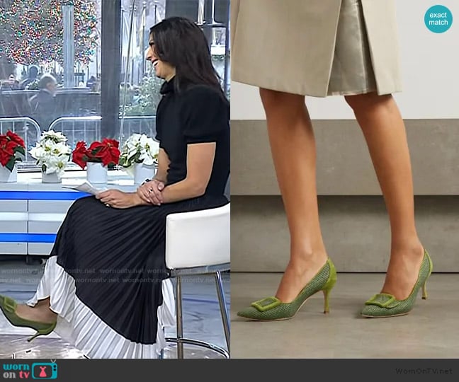 Manolo Blahnik Maysale 70 buckle-embellished suede-trimmed woven raffia pumps worn by Dr. Natalie Azar on Today