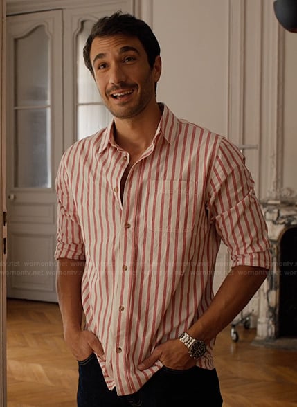 Marcello’s red stripe shirt on Emily in Paris