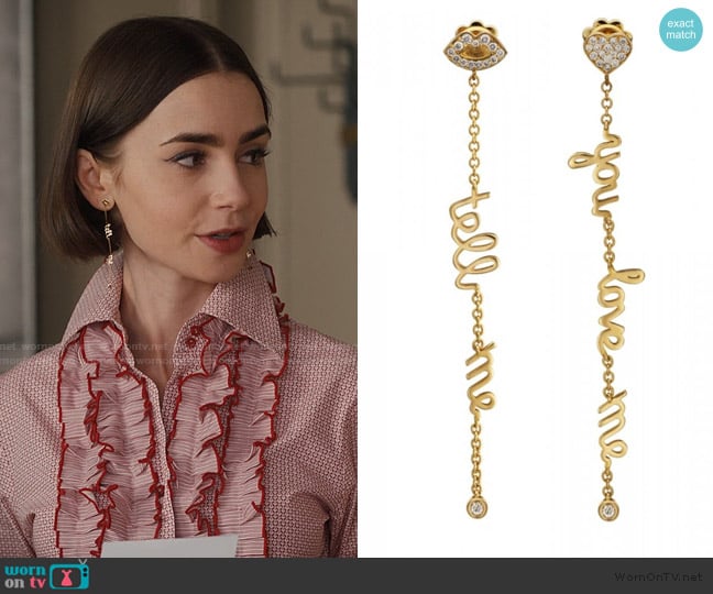 Maria Kovadi Tell Me You Love Me gold and diamond drop earrings worn by Emily Cooper (Lily Collins) on Emily in Paris