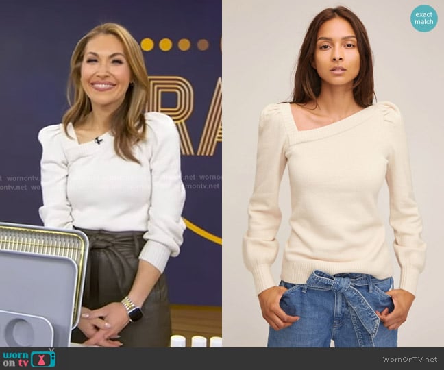 Marissa Webb Dixie Asymmetrical Puff Sleeve Sweater in Snow worn by Lori Bergamotto on Good Morning America