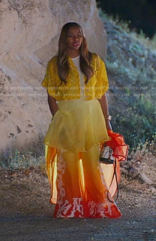 Mary's yellow polka dot crop shirt and print flare pants on The Real Housewives of Salt Lake City