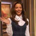 Maura Higgin’s denim bustier top on The Drew Barrymore Show