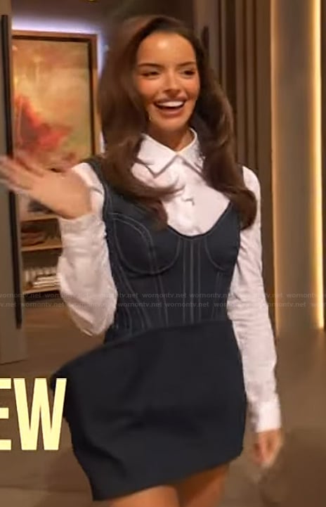 Maura Higgin's denim bustier top on The Drew Barrymore Show