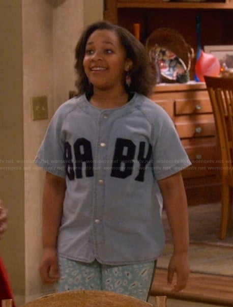 Maya's denim button front top on The Upshaws