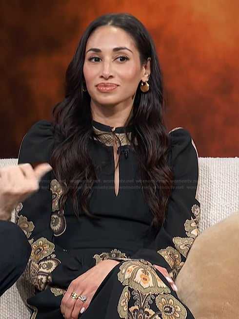Meaghan Rath’s black printed dress on Access Hollywood