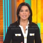 Meg Oliver’s black and white cardigan with gold buttons on CBS Mornings