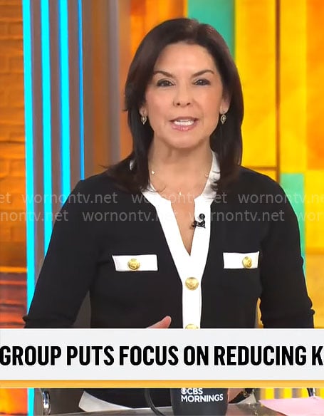 Meg Oliver's black and white cardigan with gold buttons on CBS Mornings