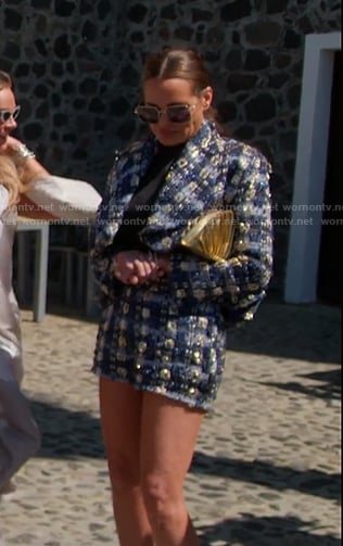 Meredith's blue tweed jacket and shorts on The Real Housewives of Salt Lake City