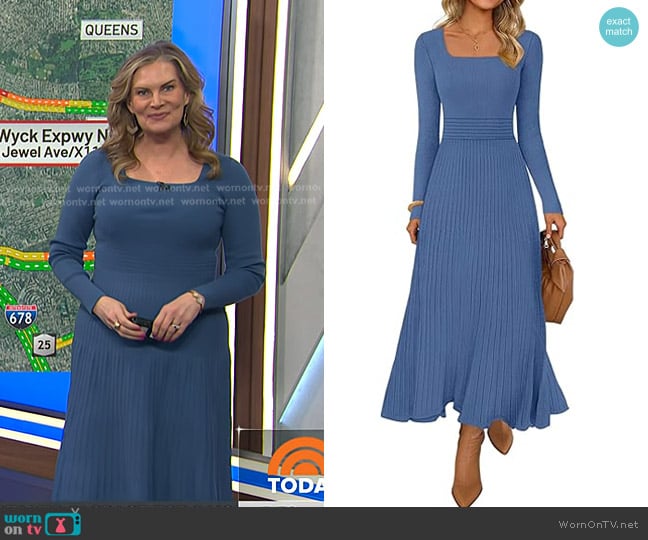 MEROKEETY Square Neck Pleated Knit Midi Dress in Dustyblue worn by Emily West on Today