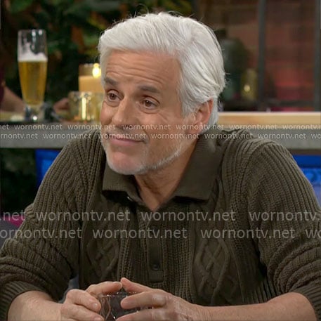 Michael’s olive green cable knit polo sweater on The Young and the Restless