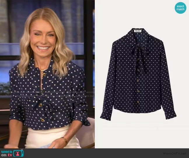 Miu Miu Polka-Dot Silk Scarf-Neck Shirt worn by Kelly Ripa on Live with Kelly and Mark