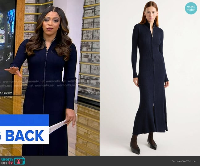Morgan’s navy ribbed zip front dress on GMA Morgan’s navy ribbed zip front dress on GMA
