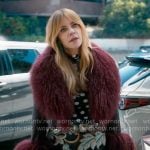 Morgan’s polka dot mesh top, printed skirt and red fur collar jacket on High Potential