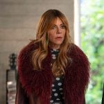 Morgan's polka dot mesh top, printed skirt and red fur collar jacket on High Potential