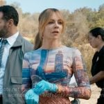 Morgan's city print mesh top and woven brown woven skirt on High Potential