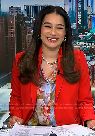 Morgan’s blue floral button down blouse on NBC News Daily