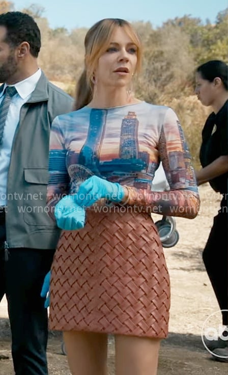 Morgan’s city print mesh top and woven brown woven skirt on High Potential