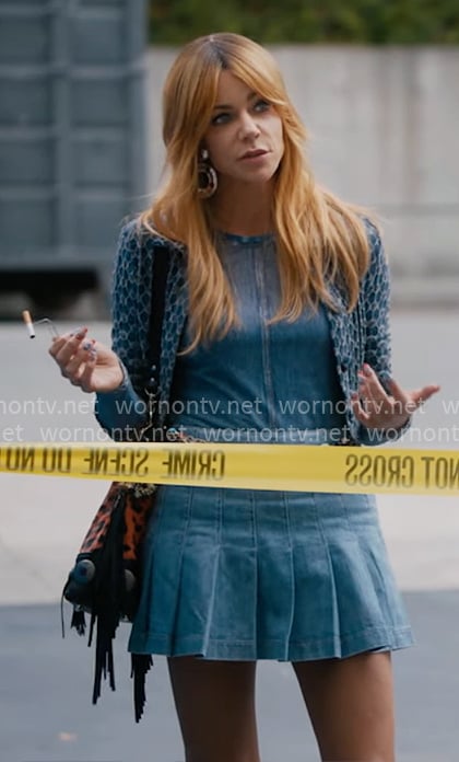 Morgan’s denim top, jacket and pleated skirt on High Potential