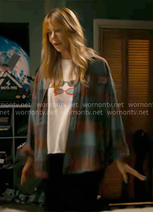 Morgan's sunglasses graphic tee and checked overshirt on High Potential