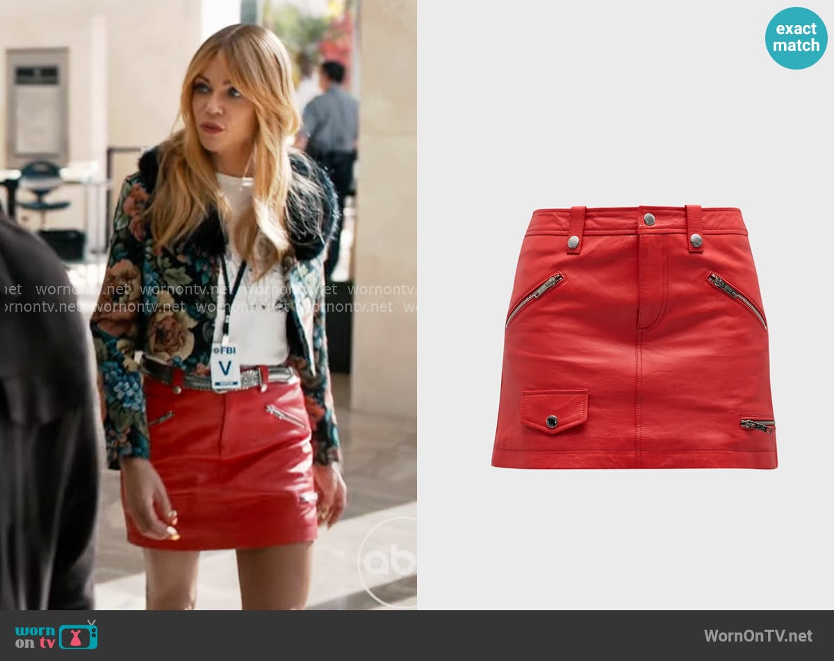 Moschino Jeans Zip-Pocket Faux-Leather Mini Skirt worn by Morgan Gillory (Kaitlin Olson) on High Potential